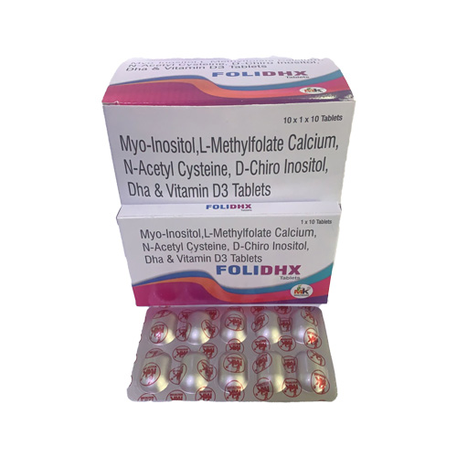 Product Name: FOLIDHX, Compositions of Myo-Inositol, L-Methylfolate Calcium, N-Acetyl Cysteine, D-Chiro Inositol, Dha & Vitamin D3 Tablets are Myo-Inositol, L-Methylfolate Calcium, N-Acetyl Cysteine, D-Chiro Inositol, Dha & Vitamin D3 Tablets - MK Healthcare