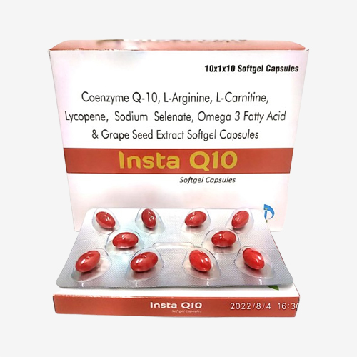 Product Name: INSTA Q10, Compositions of INSTA Q10 are Coenzyme Q-10, L-Arginine, L-Carnitine, Lycopene, Sodium Selenate, Omega 3 Fatty Acid & Grape Seed Extract Softgel Capsules - Insta Care Lifesciences