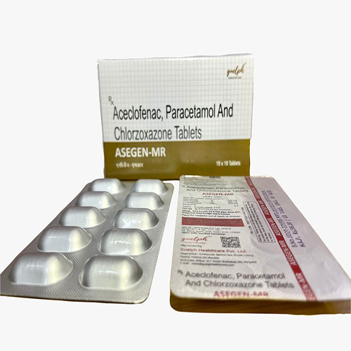 Product Name: Asegen Mr, Compositions of Aceclofenac,Paracetamol And Chlorzoxazone Tablets are Aceclofenac,Paracetamol And Chlorzoxazone Tablets - Guelph Healthcare Pvt. Ltd