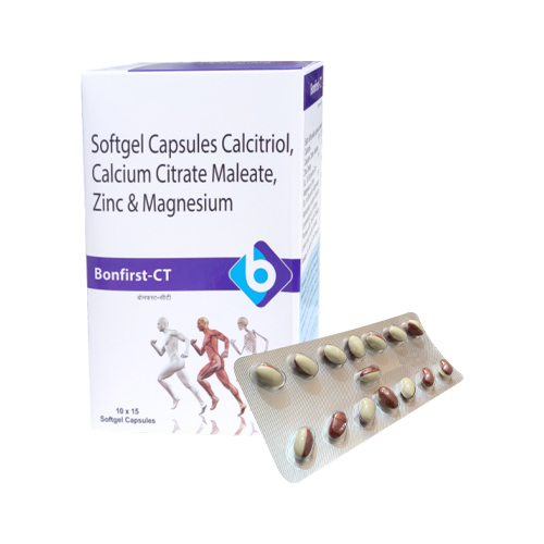 Product Name: BONFIRST CT, Compositions of BONFIRST CT are Softgel Caspsules Calcitriol, Calcium Citrate Maleate, Zinc & Magnesium - Biopolis Lifesciences Private Limited