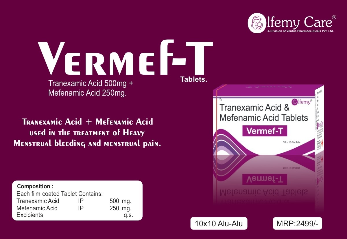 Product Name: Vermef T, Compositions of Tranexamic Acid + Mefenamic Acid are Tranexamic Acid + Mefenamic Acid - Olfemy Care