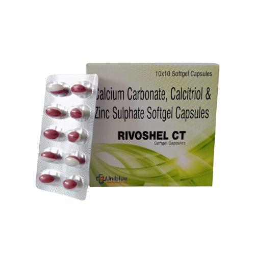 Product Name: RIVOSHEL CT, Compositions of RIVOSHEL CT are Calcium Carbonate, Calcitriol & Zinc Sulphate Softgel Capsules - Uniblue Healthcare Private Limited