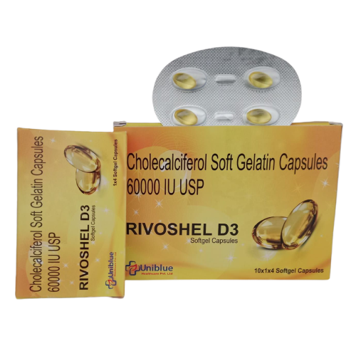 Product Name: RIVOSHEL D3, Compositions of RIVOSHEL D3 are Cholecalciferol Soft Gelatin Capsules 60000 IU USP - Uniblue Healthcare Private Limited