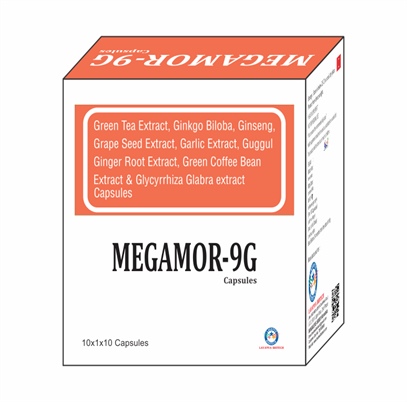 Product Name: Megamor 9G, Compositions of Megamor 9G are  Green Tea Extract 10mg , Ginkgo Biloba 10mg ,Gingseng Extract 42.5 mg, GUGGUL 10 MG , Ginger Root Extract 14mg , DHA 60mg, EPA 90 MG ,Lycopene 2000 MCG, Wheat Germ 25mg ,Biotin 100 MCG,Folic Acid 150 MCG ,Selenium 20 MCG , G - Lavanya Biotech