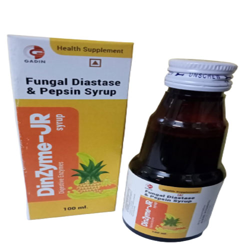 Product Name: DINZYME JR, Compositions of DINZYME JR are FUNGAL DIASTASE 50 MG + PEPSIN 10 MG - Gadin Pharmaceuticals Pvt. Ltd