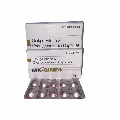 Product Name: MK GINKO, Compositions of MK GINKO are Ginkgo Biloba & Cyanocobalamin Capsules - MK Healthcare