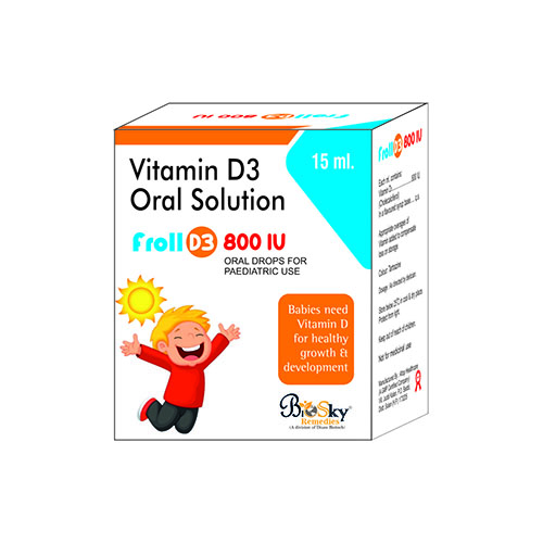 Product Name: Froll D3 800 IU, Compositions of Froll D3 800 IU are Vitamin D3 Oral Solution  - Biosky Remedies