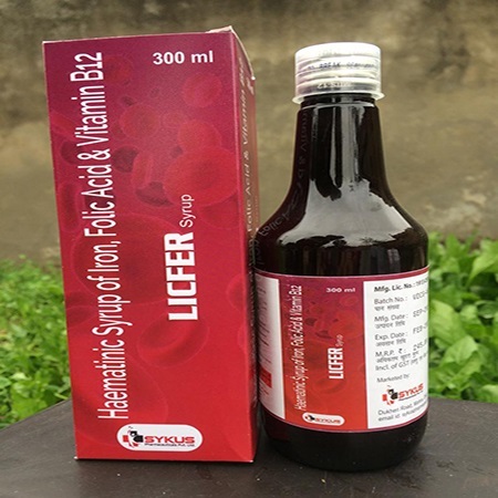 Product Name: Licfer, Compositions of Licfer are Haematinic Syrup of Iron, Folic Acid and Vitamin B12 - Sykus Pharmaceuticals Private Limited