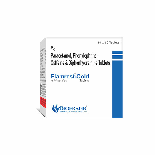 Product Name: Flamrest Cold, Compositions of Flamrest Cold are Paracetamol,Phenylephrine,Caffiene & Diphenhydramine Tablets  - Biofrank Pharmaceuticals India Private Limited