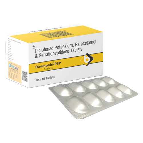 Product Name: DAWNPAIN PSP, Compositions of DAWNPAIN PSP are Diclofenac Potassium, Paracetamol & Serratiopeptidase Tablets - Biopolis Lifesciences Private Limited