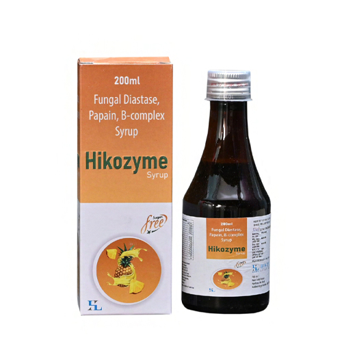 Product Name: Hikozyme, Compositions of Hikozyme are Fungal Diastase, Papain, B-complex Syrup - Hikona Lifesciences