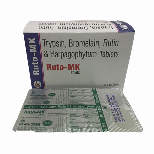 Product Name: Ruto MK, Compositions of Ruto MK are Trypsin, Bromelain, Rutin & Harpagophytum Tablets - MK Healthcare