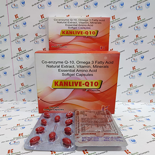 Product Name: Kanlive Q10, Compositions of Kanlive Q10 are Co-enzyme Q-10, Omega3 Fatty Acid Natural Extract, Vitamin, Minerals Essential Amino Acid Softgel Capsules - Kanish Biotech