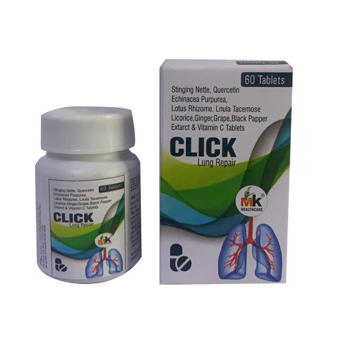 Product Name: CLICK Lung Repair, Compositions of Stinging Nette, Quercetin Echinacea Purpurea, Lotus Rhizome, Lnula Tacemose Licorice, Ginger, Grape, Black Papper Extarct & Vitamin C Tablets are Stinging Nette, Quercetin Echinacea Purpurea, Lotus Rhizome, Lnula Tacemose Licorice, Ginger, Grape, Black Papper Extarct & Vitamin C Tablets - MK Healthcare