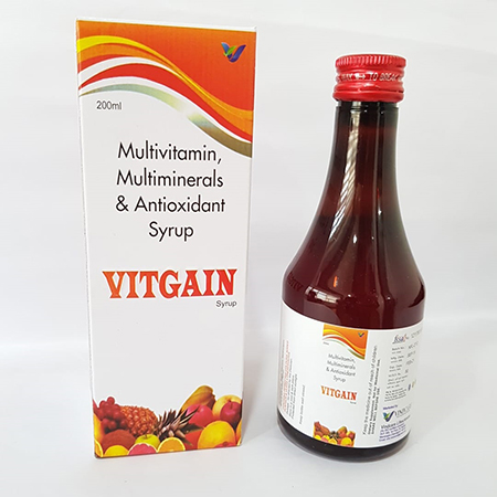 Product Name: VITGAIN, Compositions of VITGAIN are Multivitamin, Multiminerals & Antioxidant Syrup - Vindcare Lifesciences