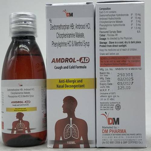 Product Name: AMDROL AD , Compositions of AMDROL AD  are Dextromethorphan HBr, Ambroxol HCl, Chlorpheniramine Maleate, Phenylephrine HCl & Menthol Syrup  - DM Pharma