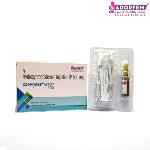 Product Name: CORPOGEST DEPOT 500, Compositions of Hydroxprogesterone Injjection IP 500 mg. are Hydroxprogesterone Injjection IP 500 mg. - Cheminnova Life Sciences