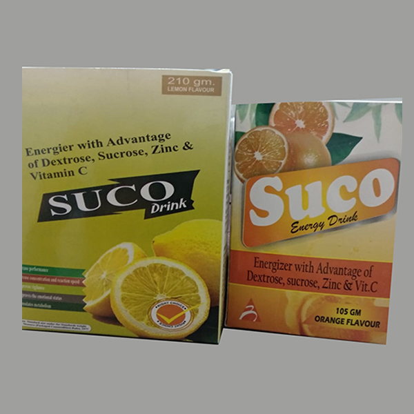 Product Name: Suco Drink, Compositions of Suco Drink are Energier with Advantage of Dextrose, Sucrose, Zinc & Vitamin C - Biovista Lifesciences