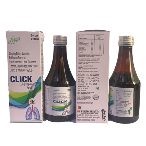 Product Name: CLICK Lung Repair Syrup, Compositions of CLICK Lung Repair Syrup are Strging Nette. Quercetin Echinacea Purpuria, Lotus Rhizome, Loula Tacemose Licorice, Ginger, Grape, Black Papper Extarct & Vitamin C. Syrup - MK Healthcare