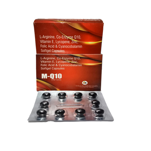 Product Name: M Q10, Compositions of M Q10 are L-Arginine, Co-Enzyme Q10. Vitamin E, Lycopene, Zinc, Folic Acid & Cyanocobalamin Softgel Capsules - MK Healthcare