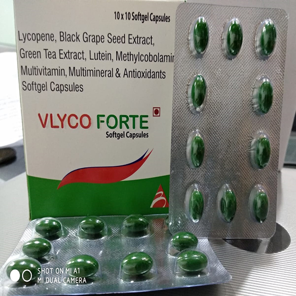 Product Name: Vlyco forte, Compositions of Vlyco forte are Lyopene, Black Grape Seed Extract,Green Tea Exract, Lutein,Methylcobolamin Multivitamin,Multimineral & Antioxidants Sftgel Capsules - Biovista Lifesciences