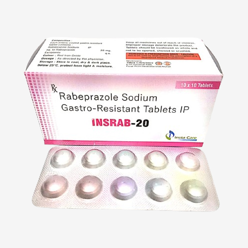 Product Name: INSRAB 20, Compositions of INSRAB 20 are Raeprazole Sodiu Gastro-Resistant Tablets IP - Insta Care Lifesciences