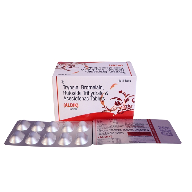 Product Name: ALDIK, Compositions of TRYPSIN IP 48MG+BROMELAIN 90MG+ RUTOSIDE TRIHYDRATE BP100MG+ ACECLOFENAC IP 100MG are TRYPSIN IP 48MG+BROMELAIN 90MG+ RUTOSIDE TRIHYDRATE BP100MG+ ACECLOFENAC IP 100MG - Paras Laboratories Ltd