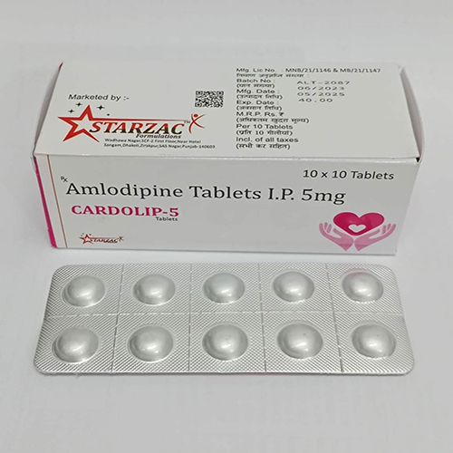 Product Name: CARDOLIP 5, Compositions of CARDOLIP 5 are Amlodipine Tablets I.P. 5mg  - Starzac Formulations Private Limited