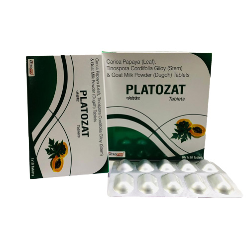 Product Name: PLATOZAT, Compositions of PLATOZAT are Carica Papaya (Leaf), Tinospora Cordifolia Giloy (Stem) & Goat Milk Powder (Dugdh) Tablets - Zatropha Pharma