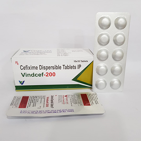 Product Name: VINDCEF 200, Compositions of VINDCEF 200 are Cefixime Dispersible Tablets IP - Vindcare Lifesciences