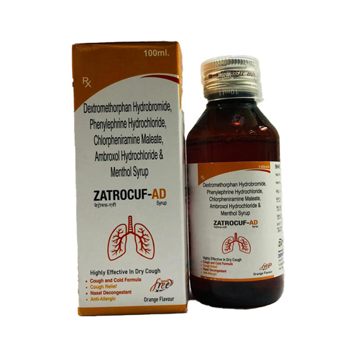 Product Name: ZATROCUF AD, Compositions of ZATROCUF AD are Dextromethorphan Hydrobromide, Phenylephrine Hydrochloride, Chlorpheniramine Maleate, Ambroxol Hydrochloride & Menthol Syrup - Zatropha Pharma