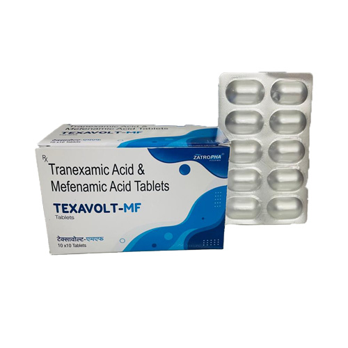 Product Name: TEXAVOLT MF, Compositions of TEXAVOLT MF are Tranexamic Acid & Mefenamic Acid Tablets - Zatropha Pharma