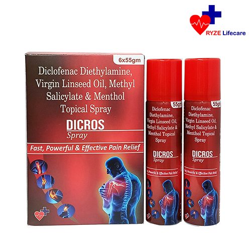 Product Name: DICROS Spray, Compositions of Diclofenac Diethylamine, Virgin Linseed Oil , Methyl Salicylate & menthol Topical Spray. are Diclofenac Diethylamine, Virgin Linseed Oil , Methyl Salicylate & menthol Topical Spray. - Ryze Lifecare