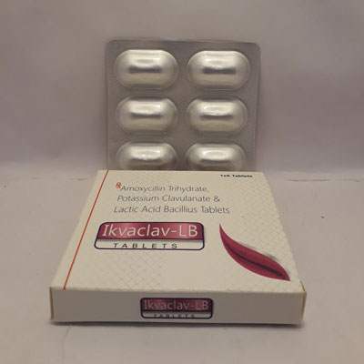 Product Name: Ikvaclav LB Tablets, Compositions of Ikvaclav LB Tablets are Amoxycillin Trihydrate, Potassium Clavulanate & Lactic Acid Bacillius Tablets - Ikvans Pharma