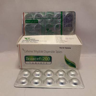 Product Name: Ikvacef 200 Tablets, Compositions of Ikvacef 200 Tablets are Cefixime Trihydrate Dispersible Tablets - Ikvans Pharma