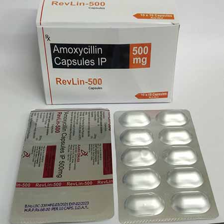 Product Name: Revlin 500, Compositions of Revlin 500 are Amoxycillin Capsules IP - Aarvi Drugs