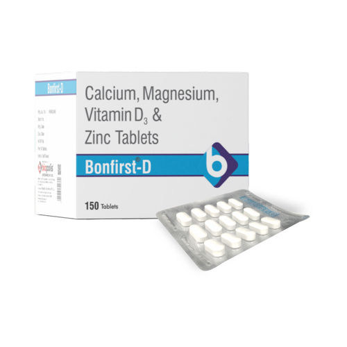 Product Name: BONFIRST D, Compositions of BONFIRST D are Calcium Magensium, Vitamin D3 & Zinc Tablets - Biopolis Lifesciences Private Limited