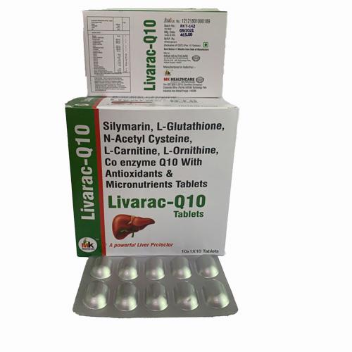 Product Name: Livarac 010, Compositions of Livarac 010 are Silymarin, L-Glutathione, N-Acetyl Cysteine, L-Carnitine, L-Ornithine, Co enzyme Q10 With Antioxidants & Micronutrients Tablets - MK Healthcare