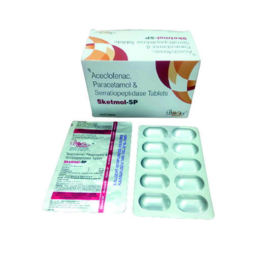 Product Name: Sketmol SP, Compositions of Sketmol SP are Aceclofenac,Paracetamol  & Serratiopeptidase Tablets - Biosky Remedies