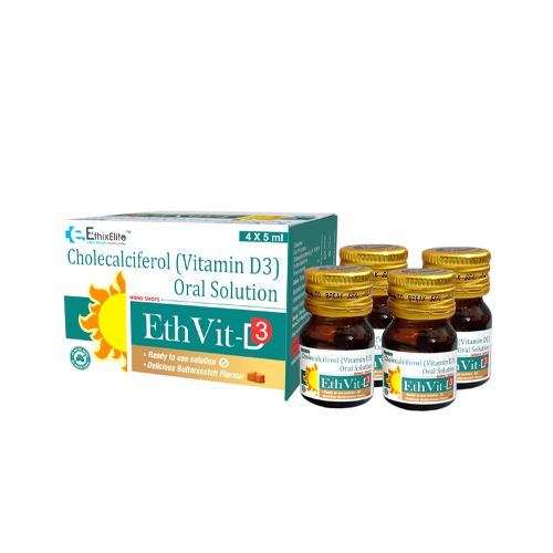 Product Name: ETH VIT DE, Compositions of ETH VIT DE are Cholecalciferol (Vitamin D3 Oral Solution) - EthixElite Lifesciences Private Limited