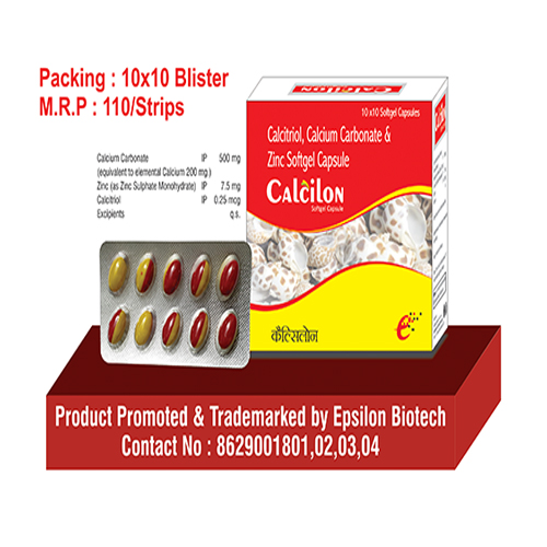 Product Name: Calcilon, Compositions of Calcilon are Calcitriol Calcium Carbonate & Zinc Softgel Capsule - Epsilon Biotech