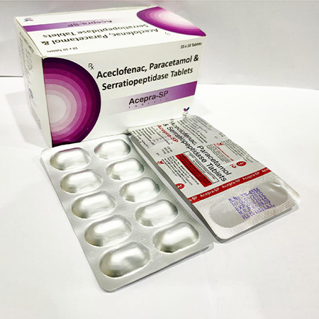 Product Name: Acepra SP, Compositions of Aceclofenac Paracetamol & Serratiopeptidase Tablets are Aceclofenac Paracetamol & Serratiopeptidase Tablets - Arvoni Lifesciences Private Limited