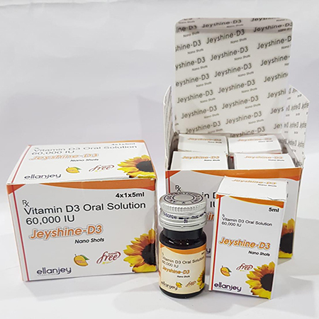 Product Name: Jeyshine D3, Compositions of Jeyshine D3 are Vitamin D3 Oral Solution 60,000 IU - Ellanjey Lifesciences