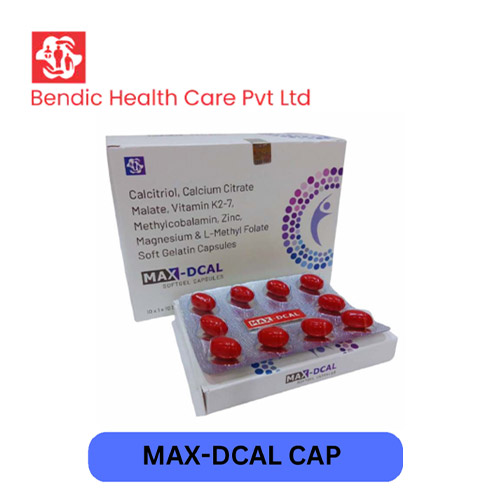 Product Name: MAX DCAL, Compositions of MAX DCAL are Calcitriol, Calcium Citrate Malate, Vitamin K2-7, Methylcobalamin, Zinc, Magnesium & L-Methyl Folate Soft Gelatin Capsules - Bendic Healthcare Private Limited