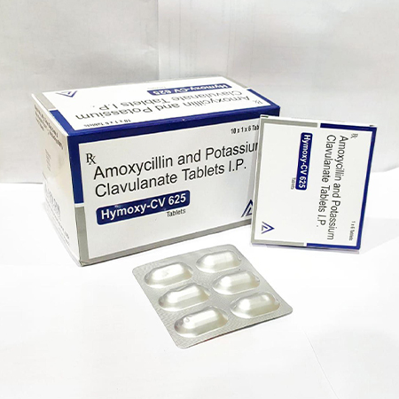 Product Name: Hymoxy CV 625, Compositions of Hymoxy CV 625 are Amoxycillin and Potassium Clavulanate Tablets IP - Arvoni Lifesciences Private Limited