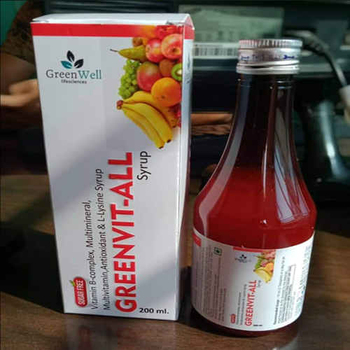 Product Name: Greenvit All, Compositions of Greenvit All are Vitamin B-Complex, Multiminerals, Multivitamin, Antioxidant & L-Lysine Syrup - Greenwell Lifesciences