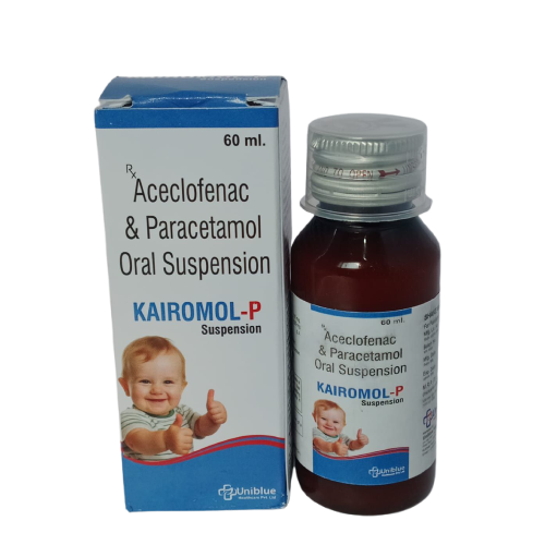 Product Name: KAIROMOL P, Compositions of KAIROMOL P are Aceclofenac & Paracetamol Oral Suspension - Uniblue Healthcare Private Limited