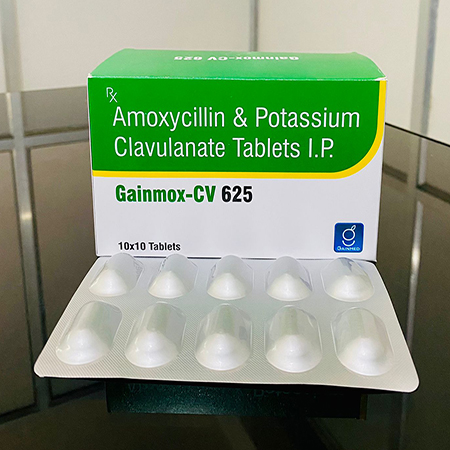 Product Name: Gainmox CV 625, Compositions of Gainmox CV 625 are Amoxicillin & Potassium Clavulanate Tablets  Ip - Gainmed Biotech Private Limited