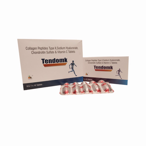 Product Name: Tendomk, Compositions of Tendomk are Collagen Peptides Type II, Sodium Hyaluronate Chondroitin Sulfate & Vitamin C Tablets - MK Healthcare