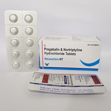 Product Name: NEUCEOCLEN NT, Compositions of NEUCEOCLEN NT are Pregabalin & Nortiptyline Hydrochloride Tablets - Vindcare Lifesciences